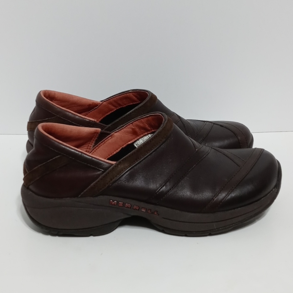 Merrell Brown Leather Primo Patch Bug Clogs Mules… - image 1